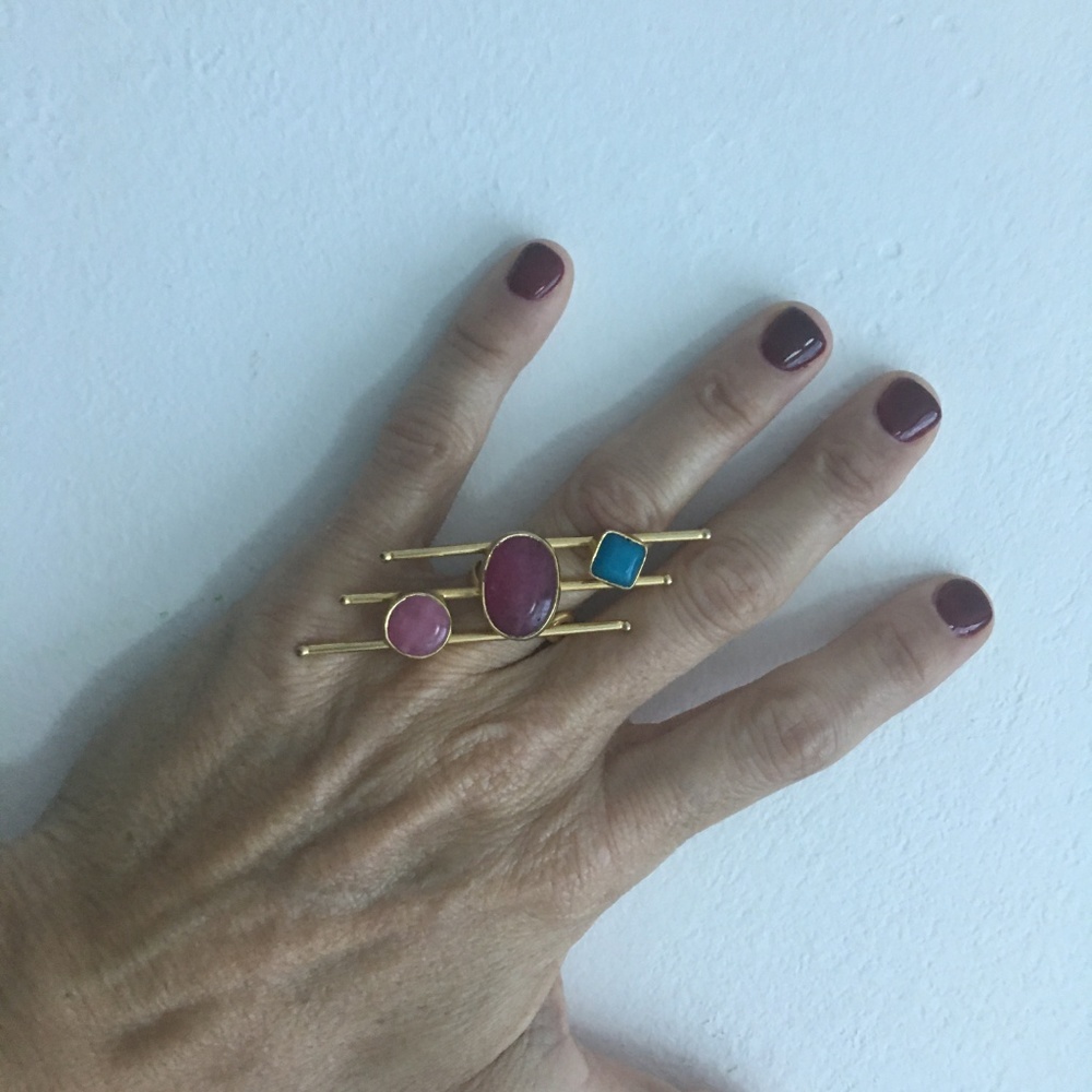 Gold Pl Ring With Agate. Size Adjustable Nwot - image 2